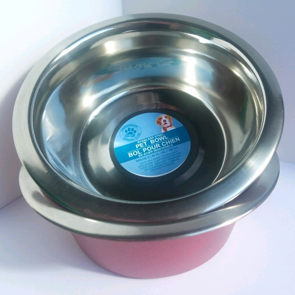 (2) Stainless & Pink Pet Dishes Food & Water